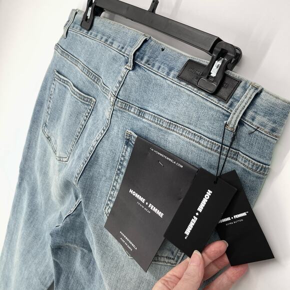 Homme + Femme NEW Tesla Skinny Blue Jeans Sz 38 Green Pink Gradient Logo Ribbon - Picture 5 of 8